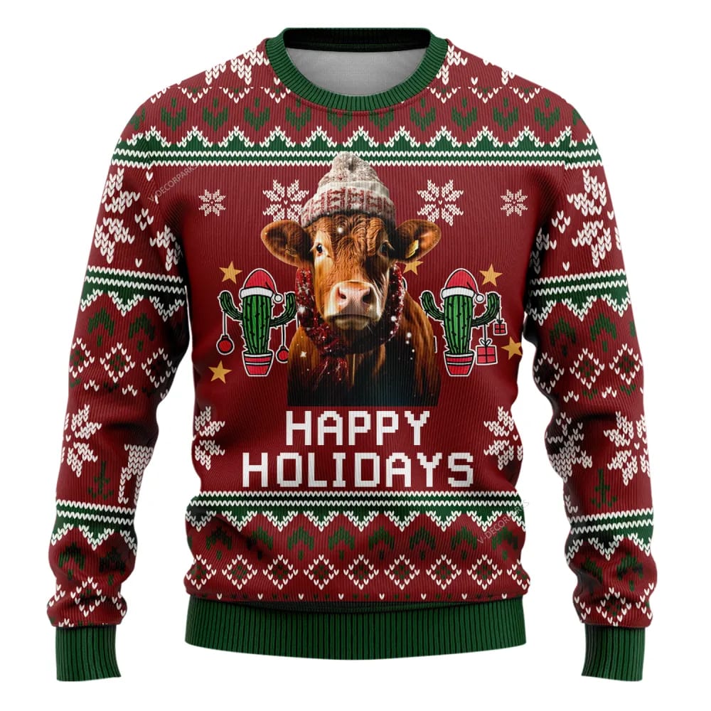 Farmers Sweater, Red Angus Cows Ugly Christmas Sweater, Christmas Crewneck Sweater, Winter Farm Fashion