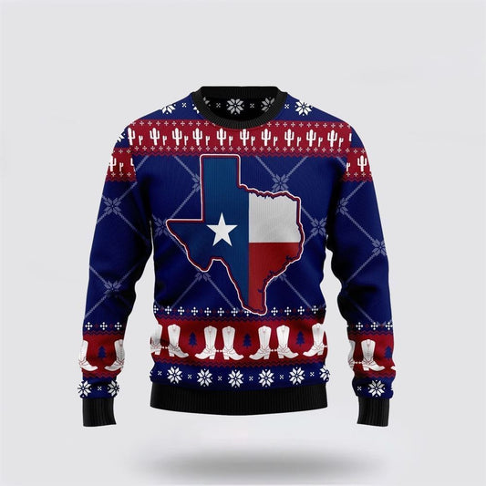 Farmers Sweater, Texas Map And Cowboy Boots Pattern Ugly Christmas Sweater, Christmas Crewneck Sweater, Winter Farm Fashion
