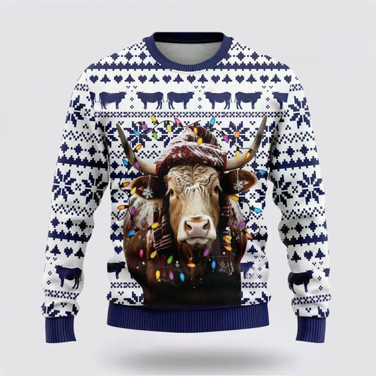 Farmers Sweater, Tx Longhorn Cows Ugly Christmas Sweater, Christmas Crewneck Sweater, Winter Farm Fashion