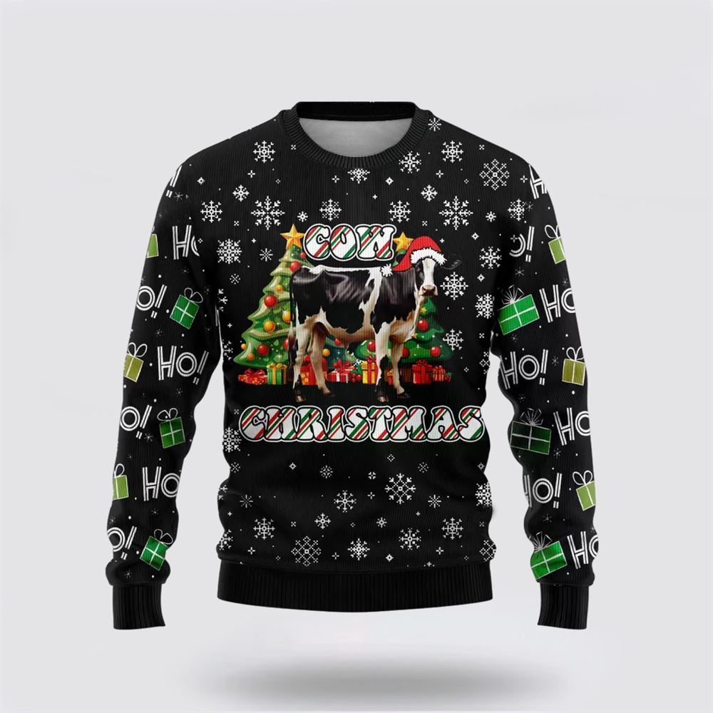 Farmers Sweater, Xmas Pine Tree Cow Ugly Christmas Sweater, Christmas Crewneck Sweater, Winter Farm Fashion