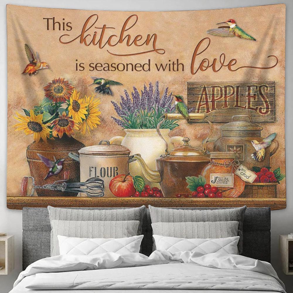 Farmhouse Kitchen And Hummingbird This Kitchen Is Seasoned With Love Tapestry, Tapestries for Living Room Bedroom