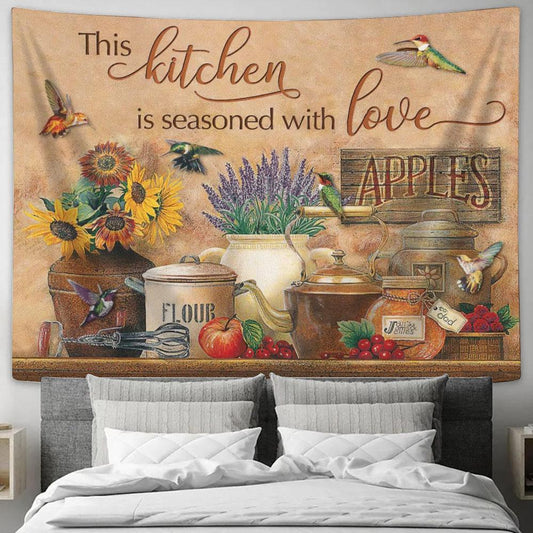 Farmhouse Kitchen And Hummingbird This Kitchen Is Seasoned With Love Tapestry, Tapestries for Living Room Bedroom