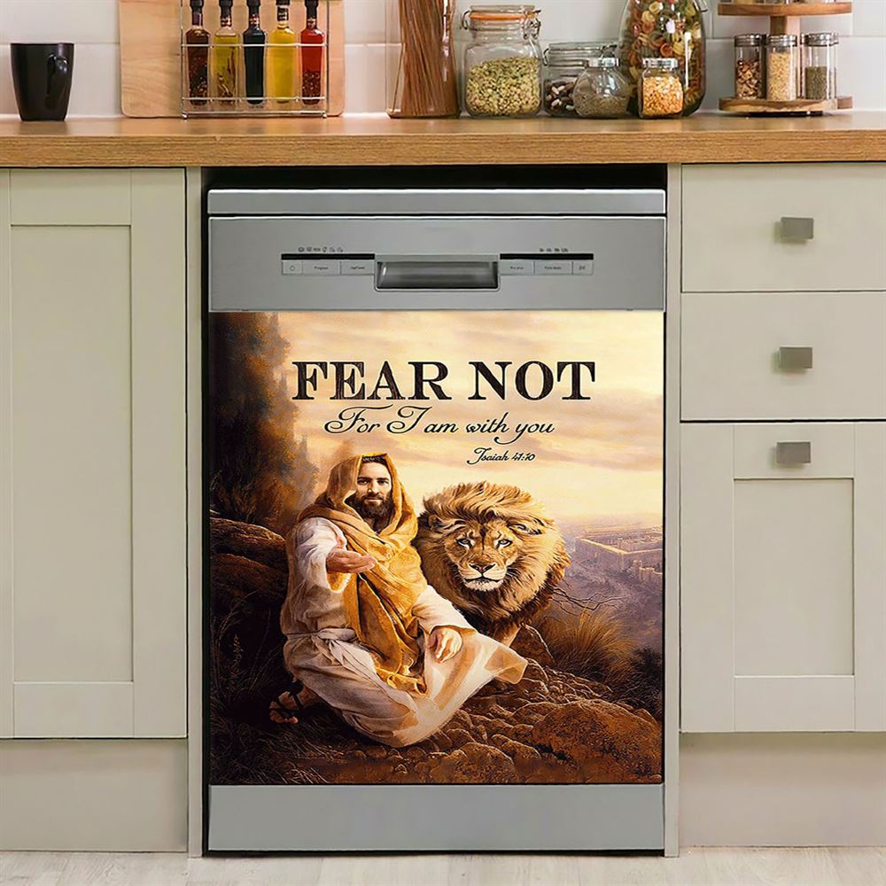 Fear Not For I Am With You Dishwasher Cover, Lion Of Judah Jesus Hand Dishwasher Magnet Cover, Christian Kitchen Decor
