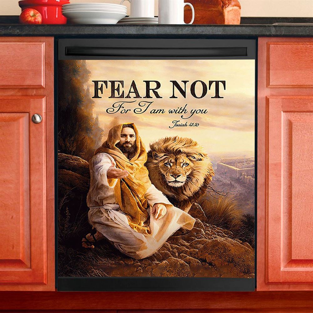 Fear Not For I Am With You Dishwasher Cover, Lion Of Judah Jesus Hand Dishwasher Magnet Cover, Christian Kitchen Decor