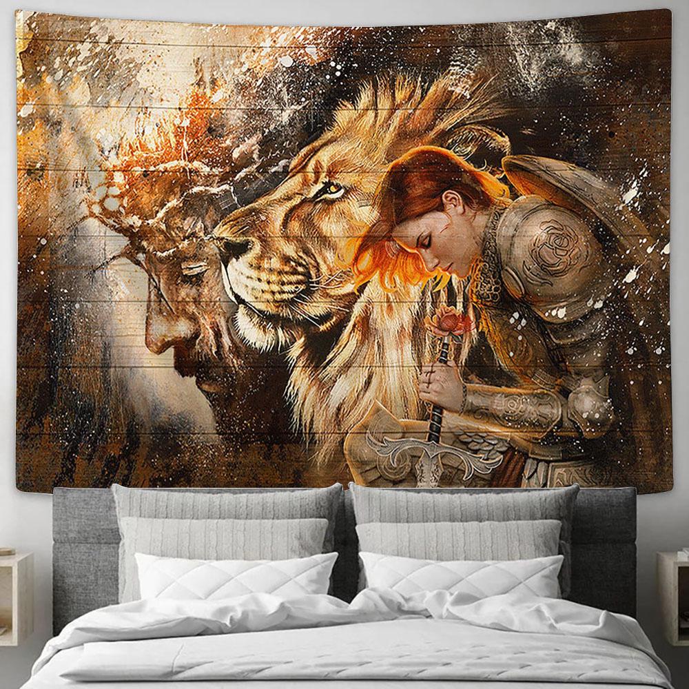 Female Knight Praying To Jesus Lion Of Judah Tapestry Wall Art - Bible Verse Tapestry - Religious Tapestry Wall Hanging