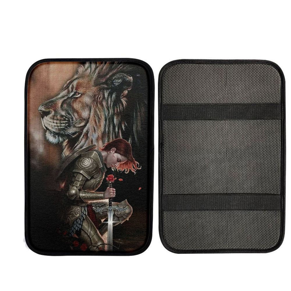 Female Warrior Kneel And Lion Of Judah Car Center Console Cover, Christian Car Armrest Accessories