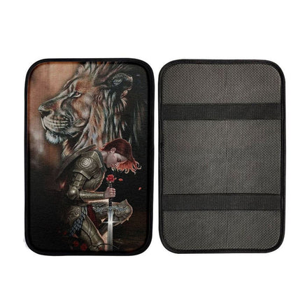Female Warrior Kneel And Lion Of Judah Car Center Console Cover, Christian Car Armrest Accessories