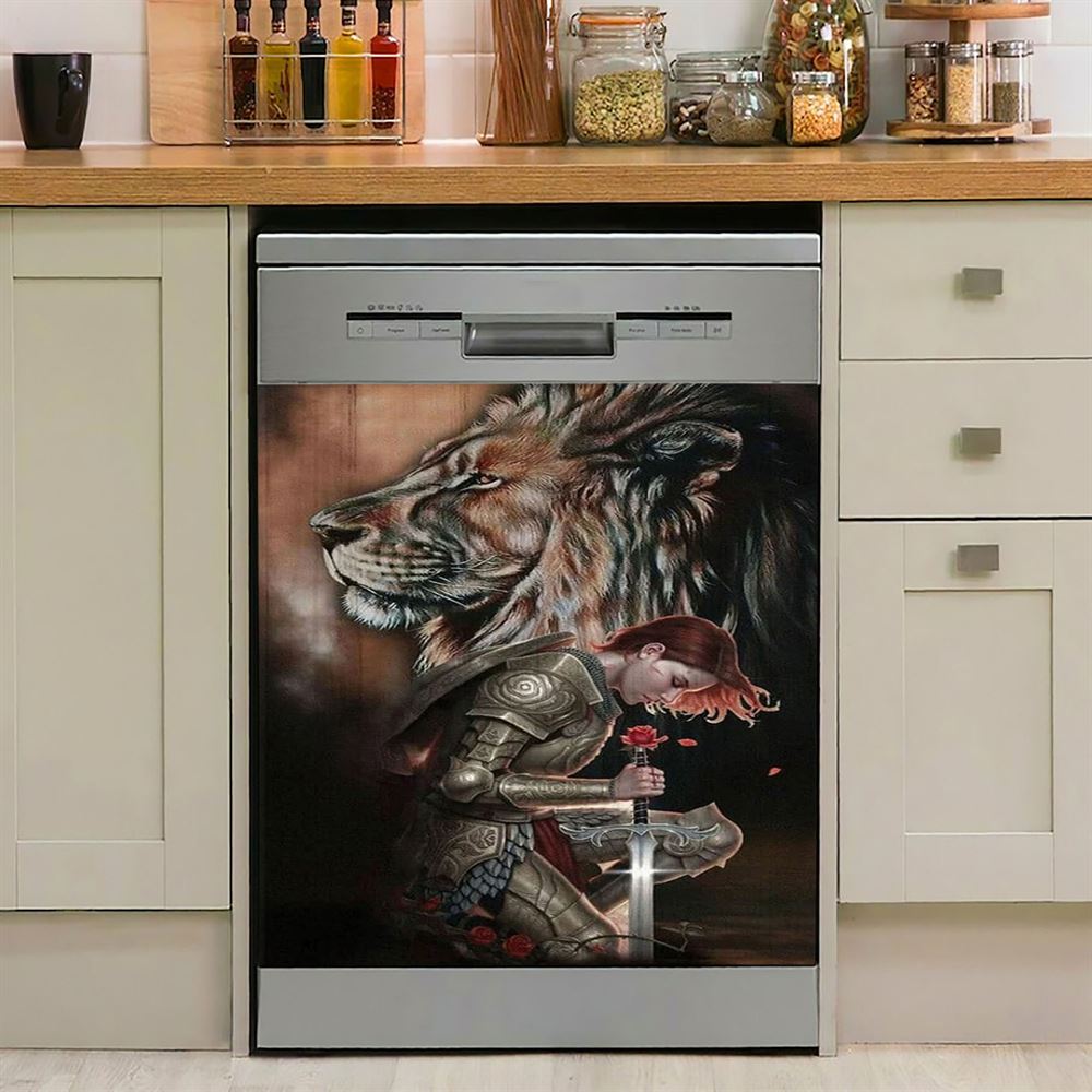 Female Warrior Kneel And Lion Of Judah Dishwasher Cover, Christian Home Decor, Religious Kitchen Decor