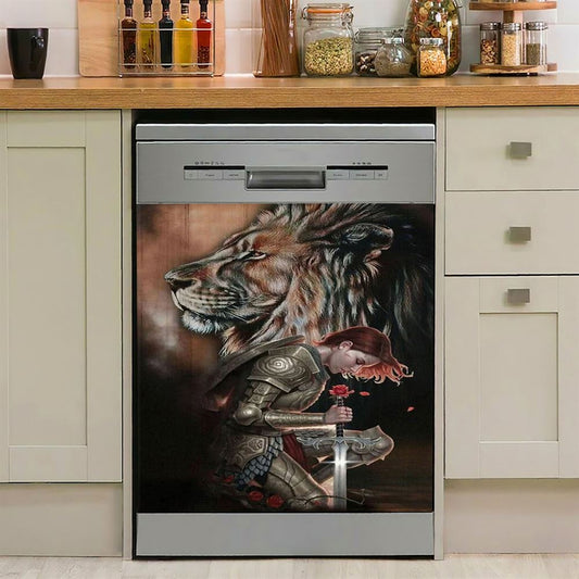 Female Warrior Kneel And Lion Of Judah Dishwasher Cover, Christian Home Decor, Religious Kitchen Decor