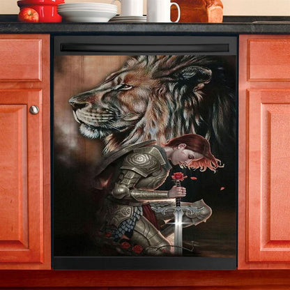 Female Warrior Kneel And Lion Of Judah Dishwasher Cover, Christian Home Decor, Religious Kitchen Decor