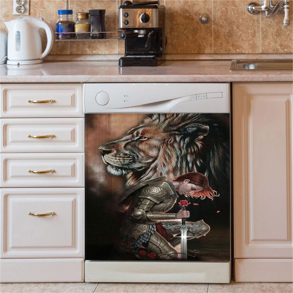 Female Warrior Kneel And Lion Of Judah Dishwasher Cover, Christian Home Decor, Religious Kitchen Decor