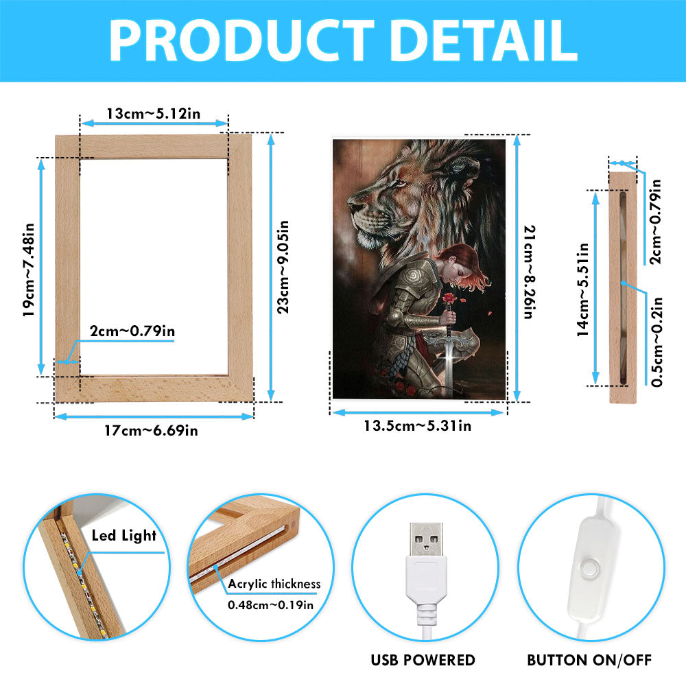 Female Warrior Kneel And Lion Of Judah Frame Lamp Art - Christian Home Decor - Religious Art