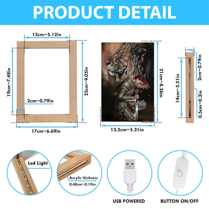 Female Warrior Kneel And Lion Of Judah Frame Lamp Art - Christian Home Decor - Religious Art