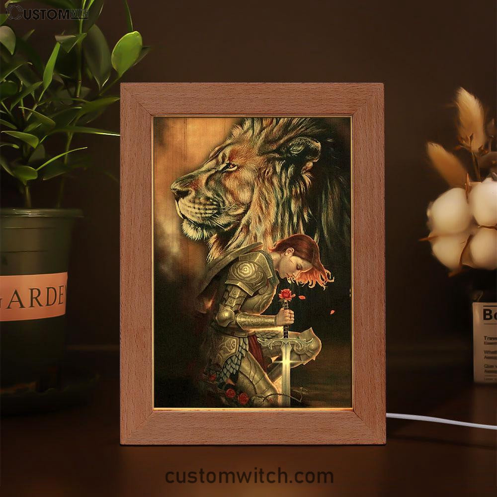 Female Warrior Kneel And Lion Of Judah Frame Lamp Art - Christian Home Decor - Religious Art