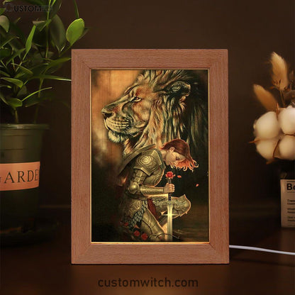 Female Warrior Kneel And Lion Of Judah Frame Lamp Art - Christian Home Decor - Religious Art