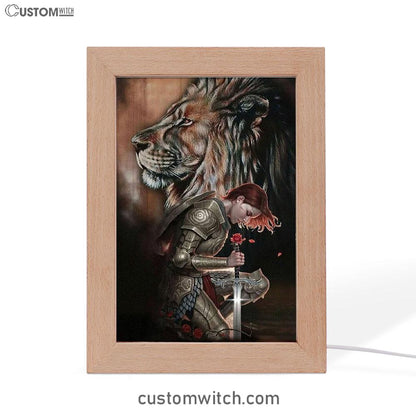 Female Warrior Kneel And Lion Of Judah Frame Lamp Art - Christian Home Decor - Religious Art