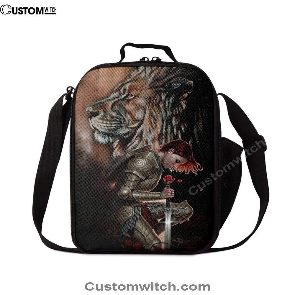 Female Warrior Kneel And Lion Of Judah Lunch Bag, Christian Lunch Bag, Religious Lunch Box For School, Picnic
