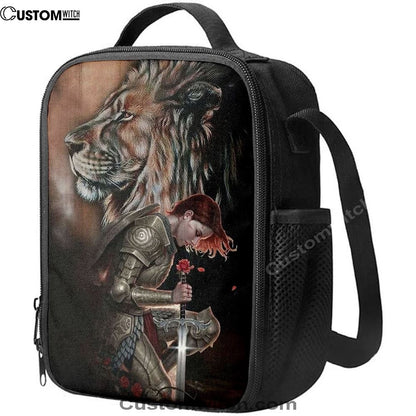 Female Warrior Kneel And Lion Of Judah Lunch Bag, Christian Lunch Bag, Religious Lunch Box For School, Picnic