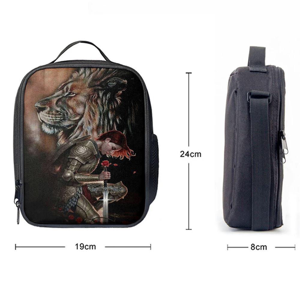 Female Warrior Kneel And Lion Of Judah Lunch Bag, Christian Lunch Bag, Religious Lunch Box For School, Picnic
