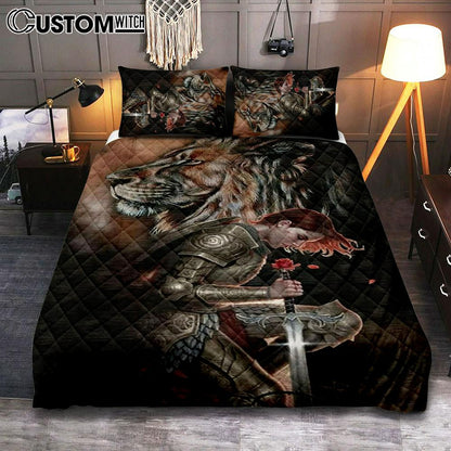 Female Warrior Kneel And Lion Of Judah Quilt Bedding Set Bedroom - Christian Home Decor - Religious Art