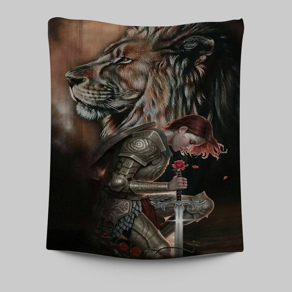 Female Warrior Kneel And Lion Of Judah Tapestry Wall Art -  Christian Indoor Wall Tapestries - Religious Art