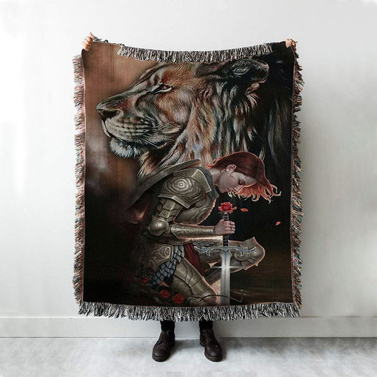 Female Warrior Kneel And Lion Of Judah Woven Throw Blanket - Christian Home Decor - Religious Art