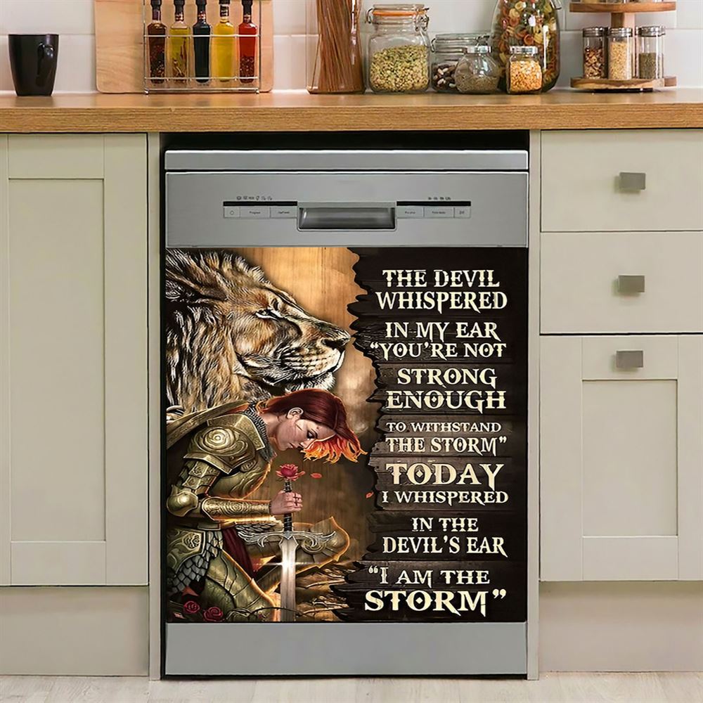 Female Warrior Lion I Am The Storm Dishwasher Cover, Lion Dishwasher Magnet Cover, Christian Inspirational Kitchen Decor