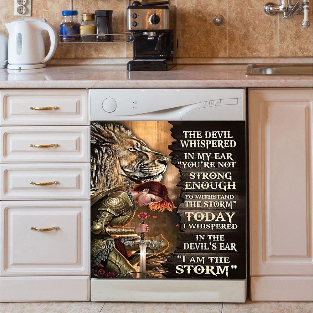 Female Warrior Lion I Am The Storm Dishwasher Cover, Lion Dishwasher Magnet Cover, Christian Inspirational Kitchen Decor