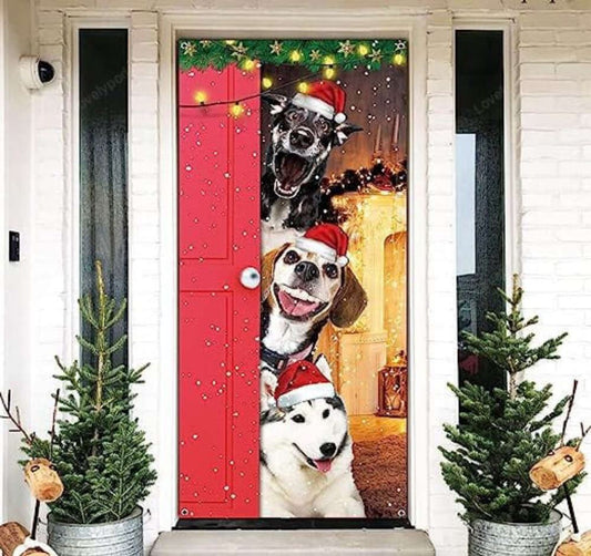 Festive Santa Dogs Merry Christmas Door Cover, Xmas Party Supplies, Christmas Garage Door Covers, Christmas Outdoor Decoration