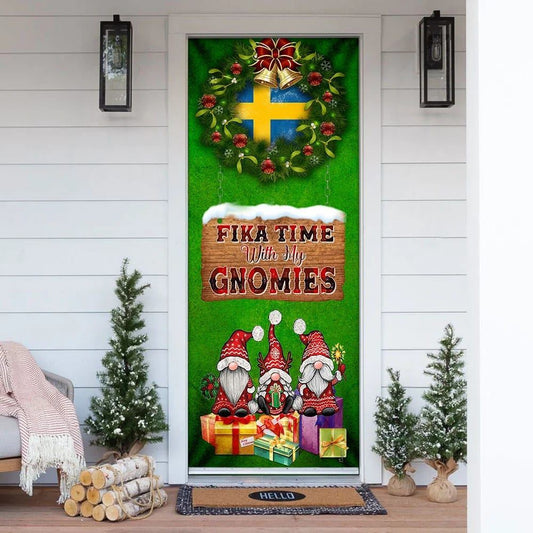 Fika Time With My Gnomies Door Cover, Christmas Door Knob Covers, Christmas Outdoor Decoration