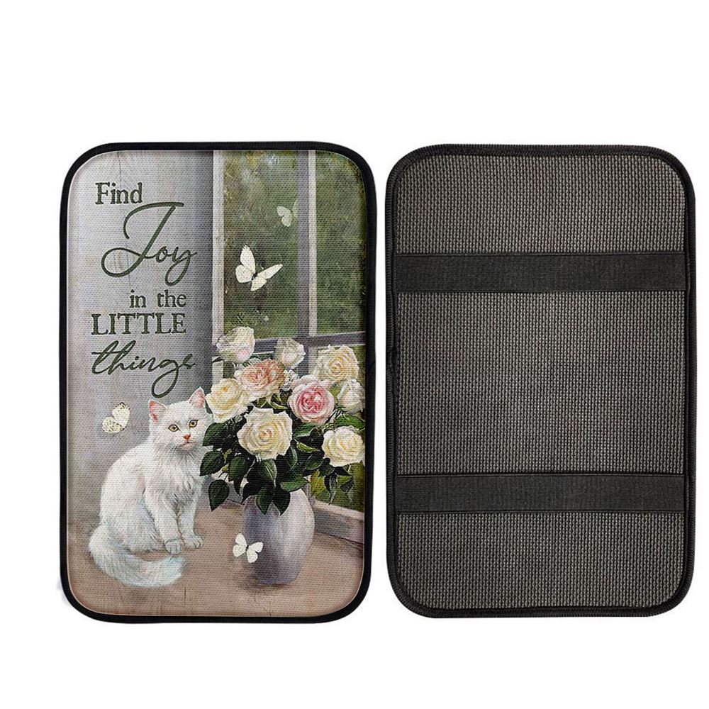 Find Joy In The Little Things White Cat Rose Butterfly Car Center Console Cover, Christian Car Accessories