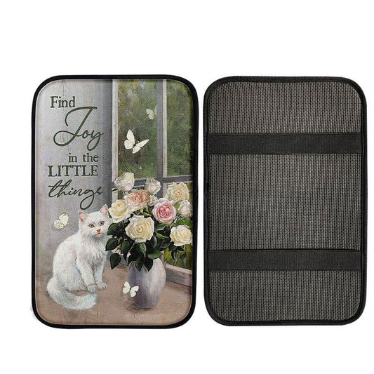 Find Joy In The Little Things White Cat Rose Butterfly Car Center Console Cover, Christian Car Accessories