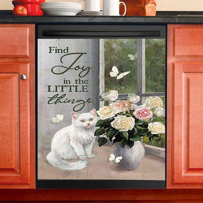 Find Joy In The Little Things White Cat Rose Butterfly Dishwasher Cover, Bible Verse Dishwasher Magnet Cover, Christian Inspirational Kitchen Decor