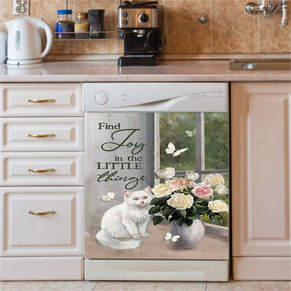 Find Joy In The Little Things White Cat Rose Butterfly Dishwasher Cover, Bible Verse Dishwasher Magnet Cover, Christian Inspirational Kitchen Decor