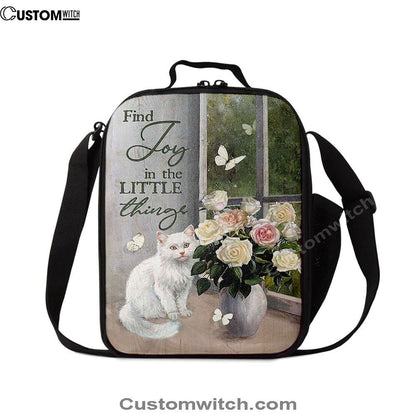 Find Joy In The Little Things White Cat Rose Butterfly Lunch Bag, Christian Lunch Bag, Religious Lunch Box For School, Picnic