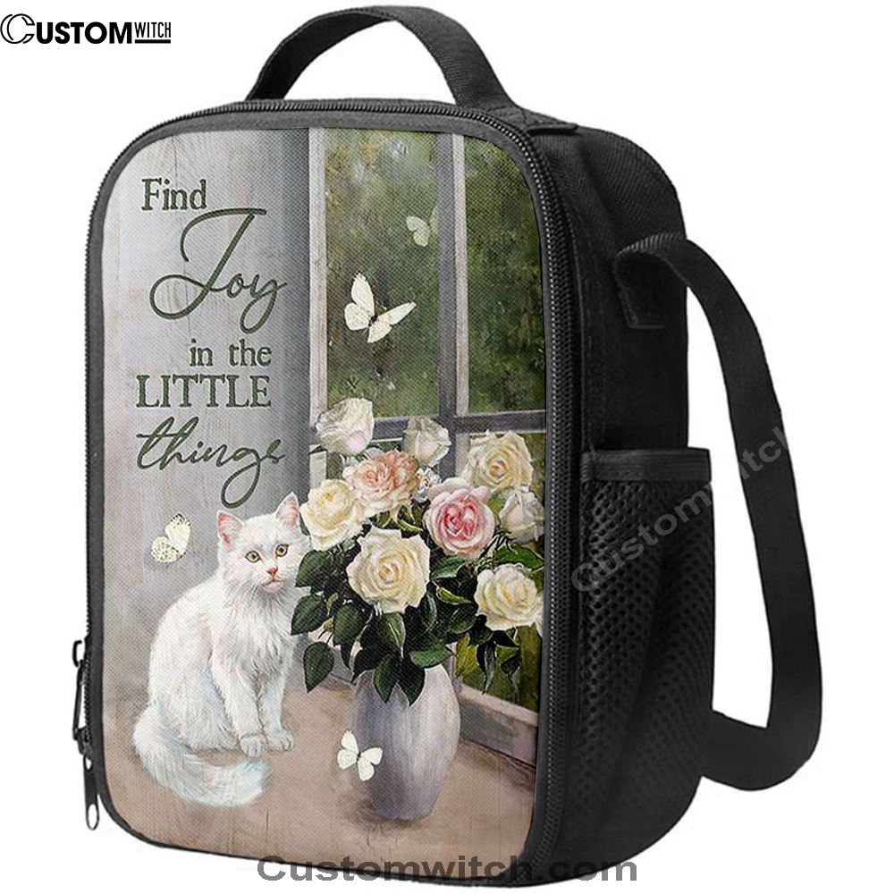 Find Joy In The Little Things White Cat Rose Butterfly Lunch Bag, Christian Lunch Bag, Religious Lunch Box For School, Picnic