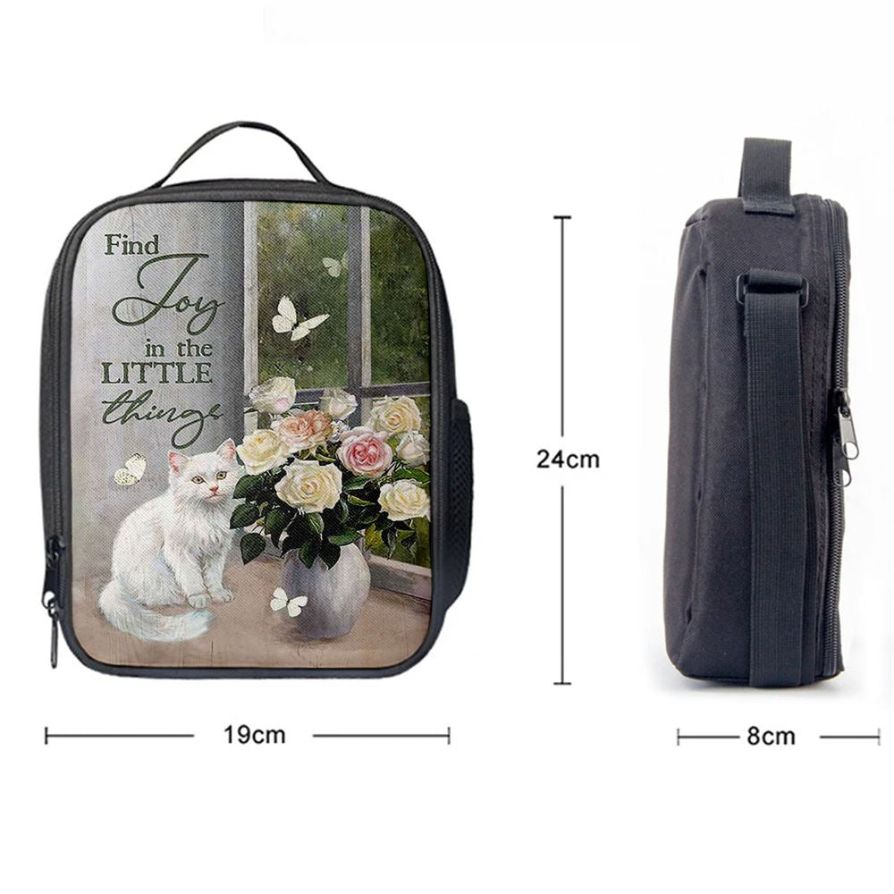 Find Joy In The Little Things White Cat Rose Butterfly Lunch Bag, Christian Lunch Bag, Religious Lunch Box For School, Picnic