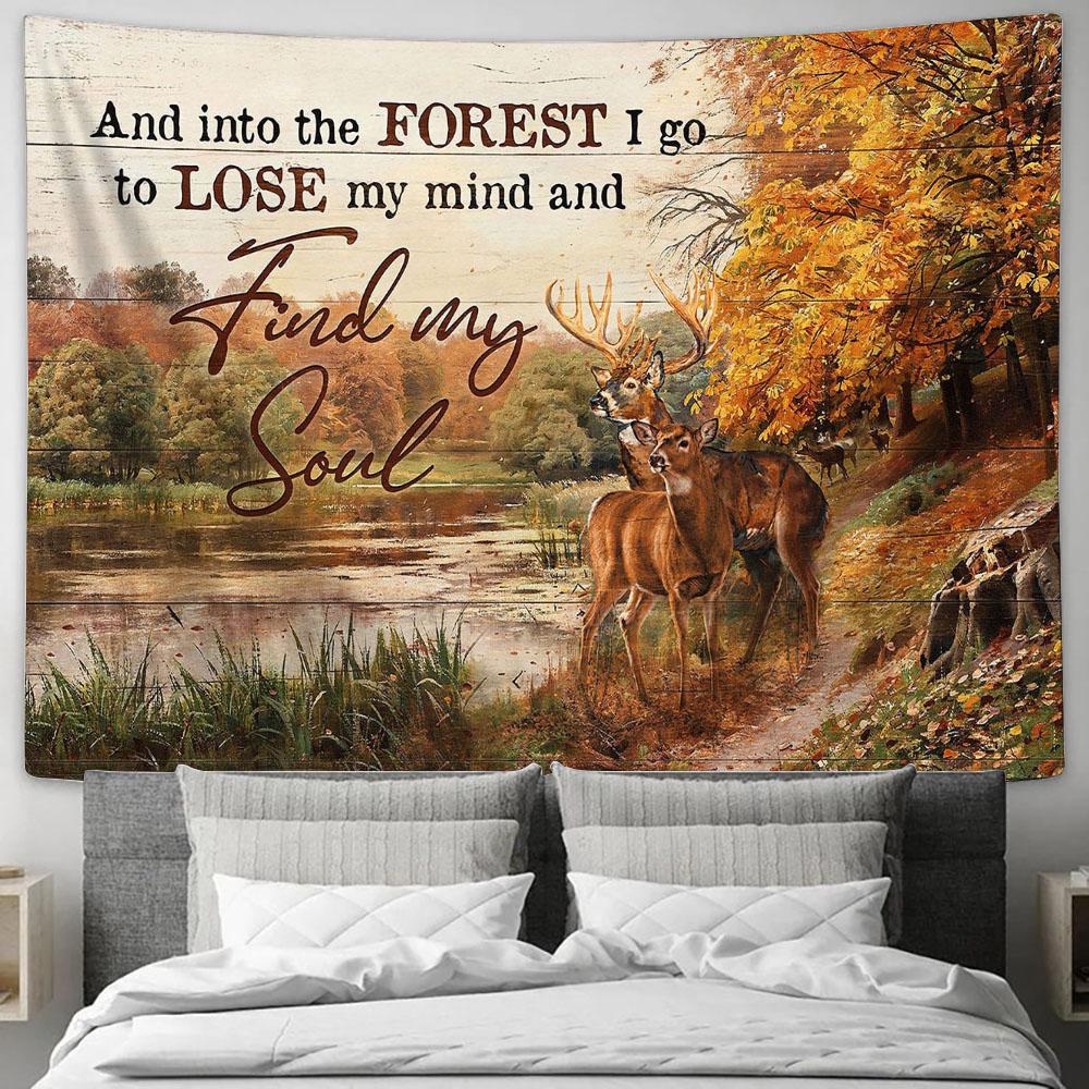 Find My Soul Autumn Forest Deer Lake View Tapestry Wall Art - Bible Verse Tapestry - Religious Tapestry Wall Hanging