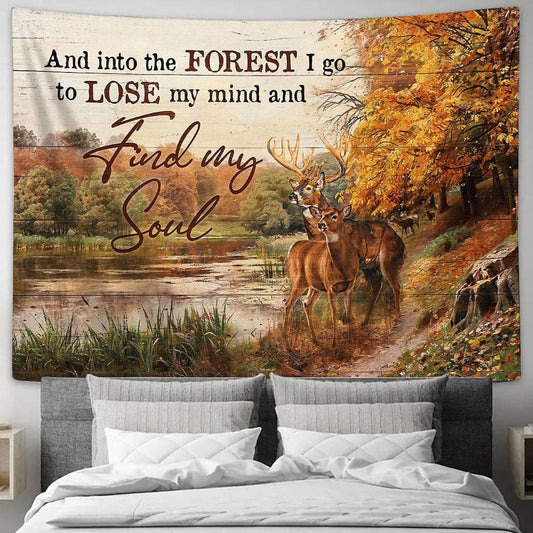 Find My Soul Autumn Forest Deer Lake View Tapestry Wall Art - Bible Verse Tapestry - Religious Tapestry Wall Hanging
