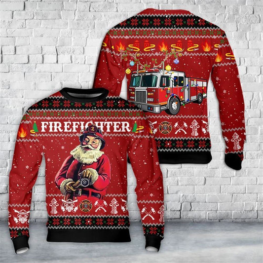 Firefighter Santa Claus Ugly Christmas Sweater, Best Gift For Holiday, Christmas Crewneck Sweater, Christmas Winter Fashion