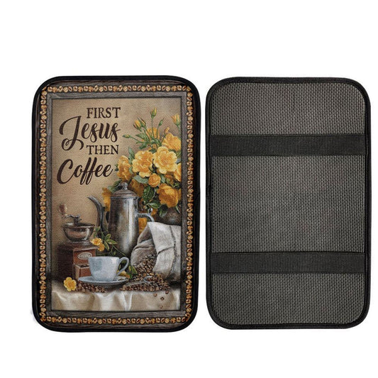 First Jesus Then Coffee Flower Cafe Cup Car Center Console Cover, Christian Car Accessories