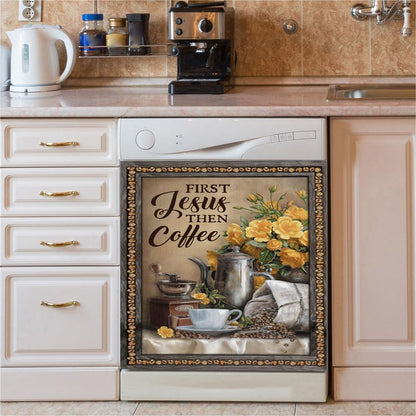 First Jesus Then Coffee Flower Cafe Cup Dishwasher Cover, Christian Dishwasher Magnet Cover, Religious Kitchen Decor