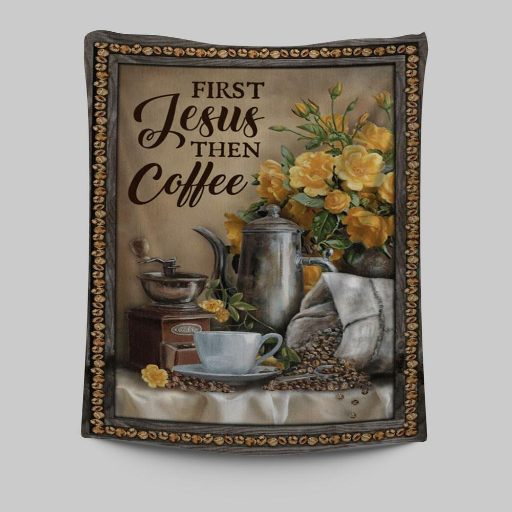 First Jesus Then Coffee Flower Cafe Cup Tapestry Wall Art - Christian Wall Art Decor - Religious Tapestries Wall Hanging Prints