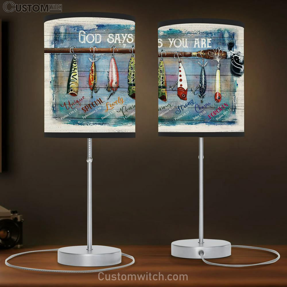 Fish Hook Fishing Rod- God Says You Are Table Lamb Gift - Bible Verse Table Lamb - Religious Bedroom Decor