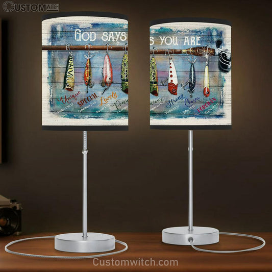 Fish Hook Fishing Rod- God Says You Are Table Lamb Gift - Bible Verse Table Lamb - Religious Bedroom Decor