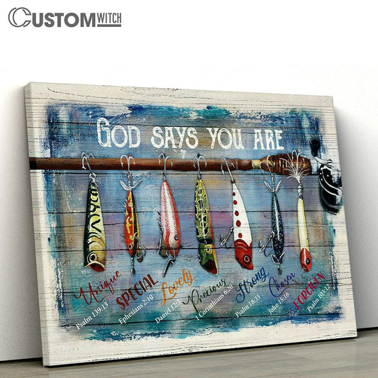 Fish Hook Fishing Rod- God Says You Are Canvas Wall Art - Bible Verse Canvas - Religious Prints