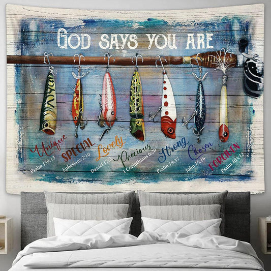 Fish Hook Fishing Rod- God Says You Are Tapestry Wall Art - Bible Verse Tapestry - Religious Tapestry Wall Hanging