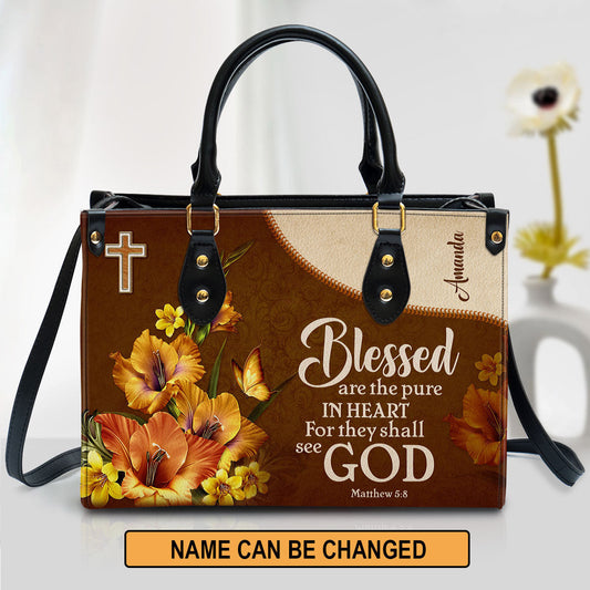 Flower & Butterfly Matthew 5 8 Blessed Are The Pure In Heart Leather Bag, Personalized Leather Bible Handbag, Christian Gifts For Women