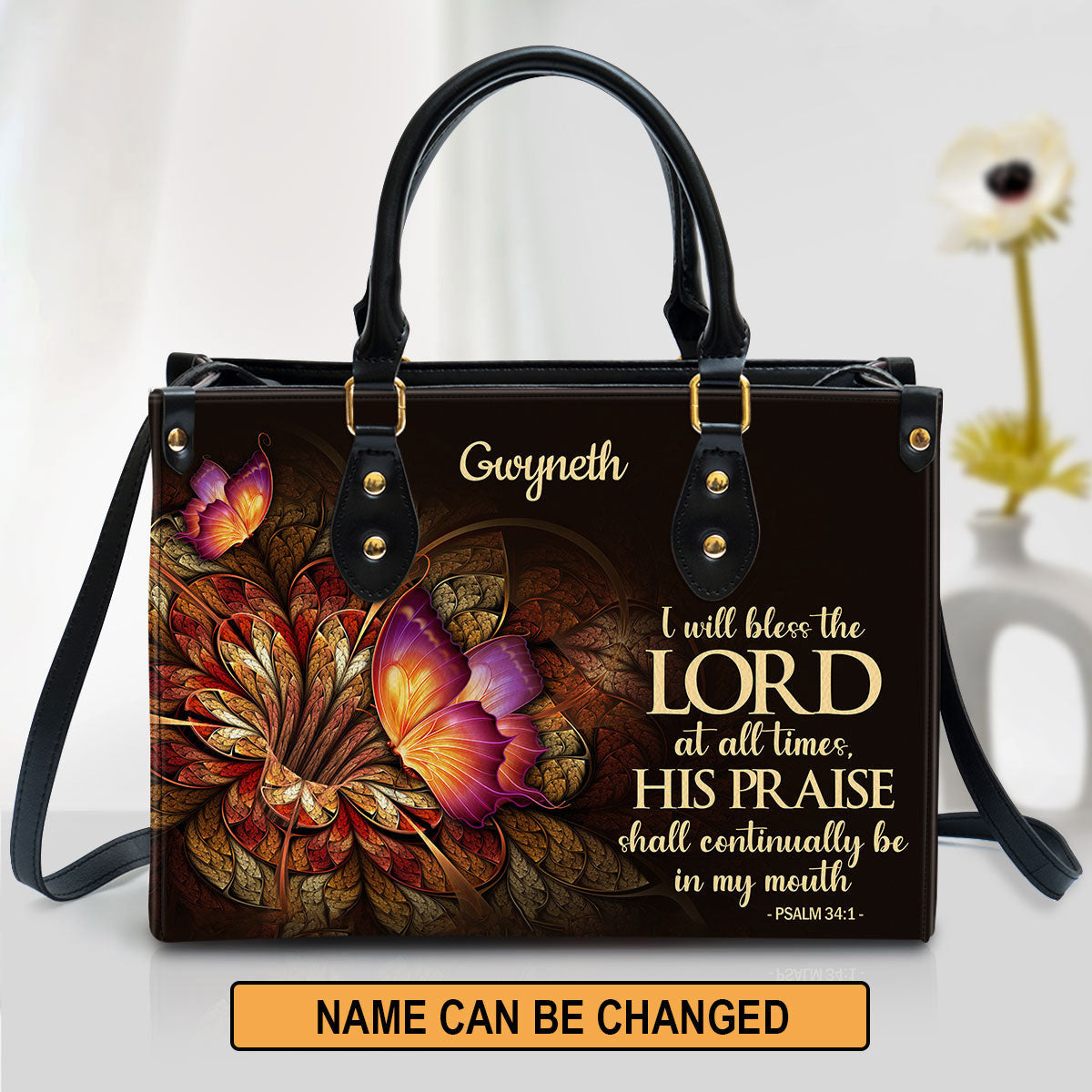 Flower & Butterfly Psalm 34 1 I Will Bless The Lord At All Times Leather Bag, Personalized Leather Bible Handbag, Christian Gifts For Women