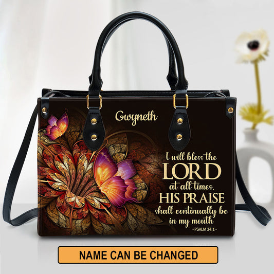 Flower & Butterfly Psalm 34 1 I Will Bless The Lord At All Times Leather Bag, Personalized Leather Bible Handbag, Christian Gifts For Women